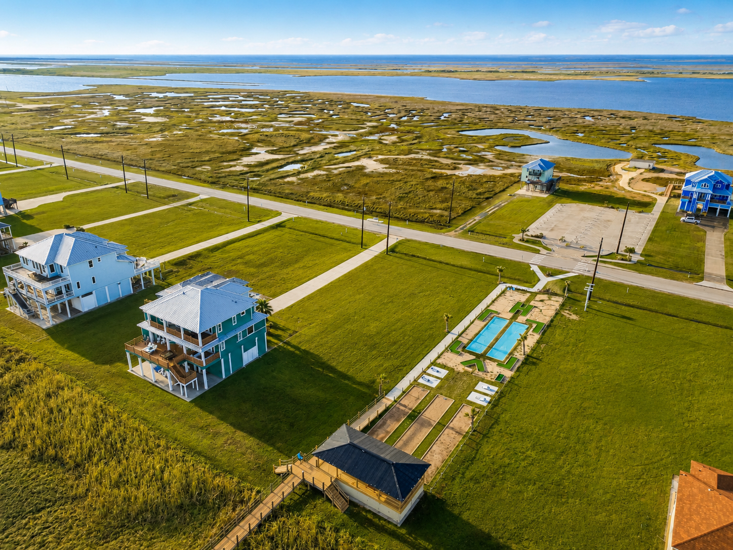 Aerial perspective of Seahorse from the Gulf toward the bay