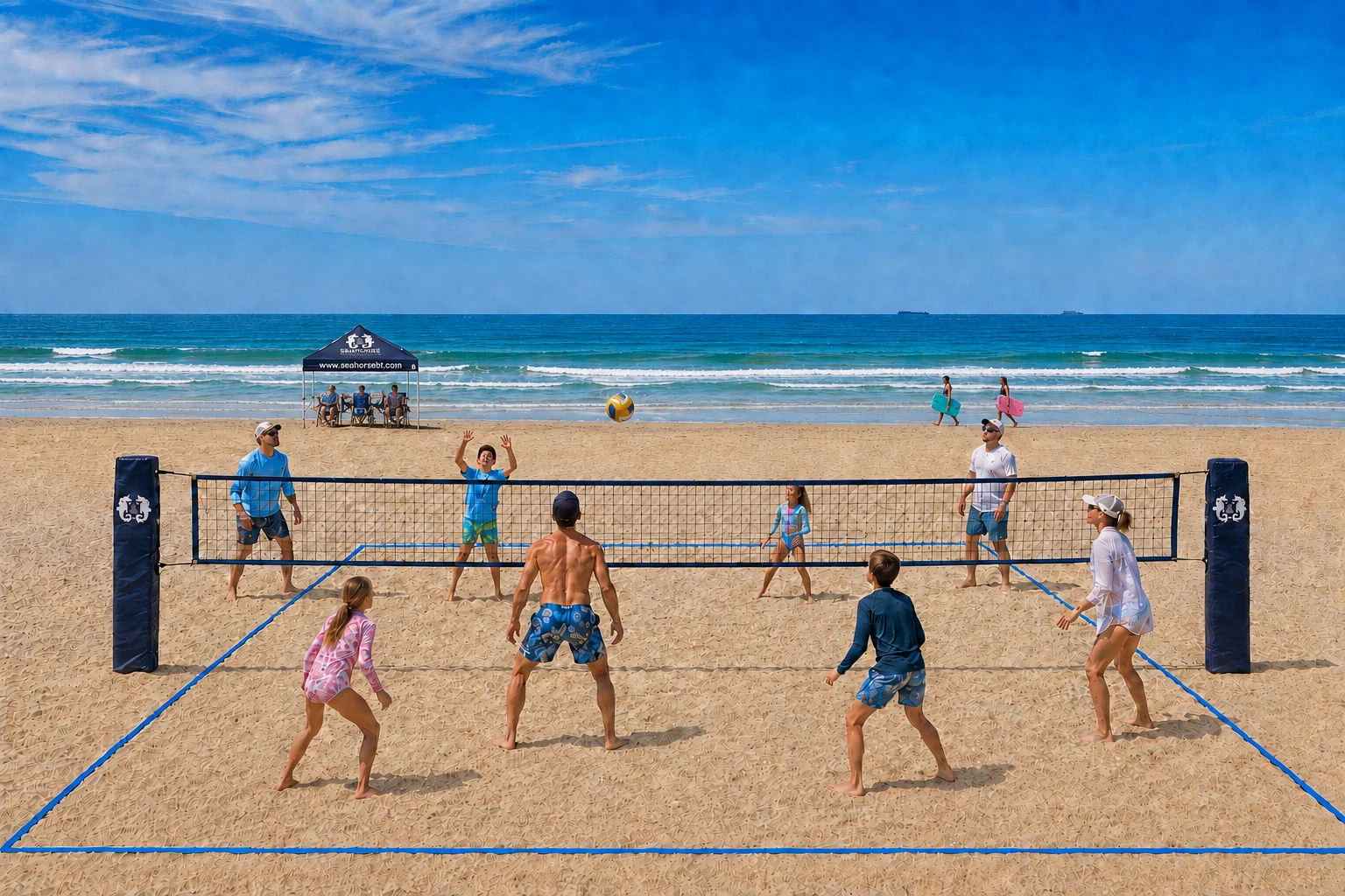 Family playing sand volleyball in the Seahorse Beach Club Activity Area
