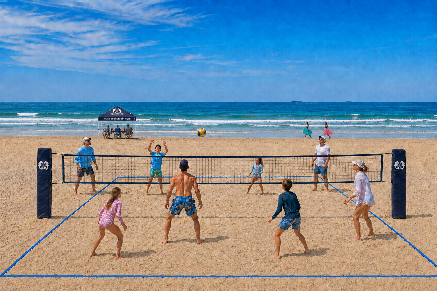 Family playing sand volleyball in the Seahorse Beach Club Activity Area