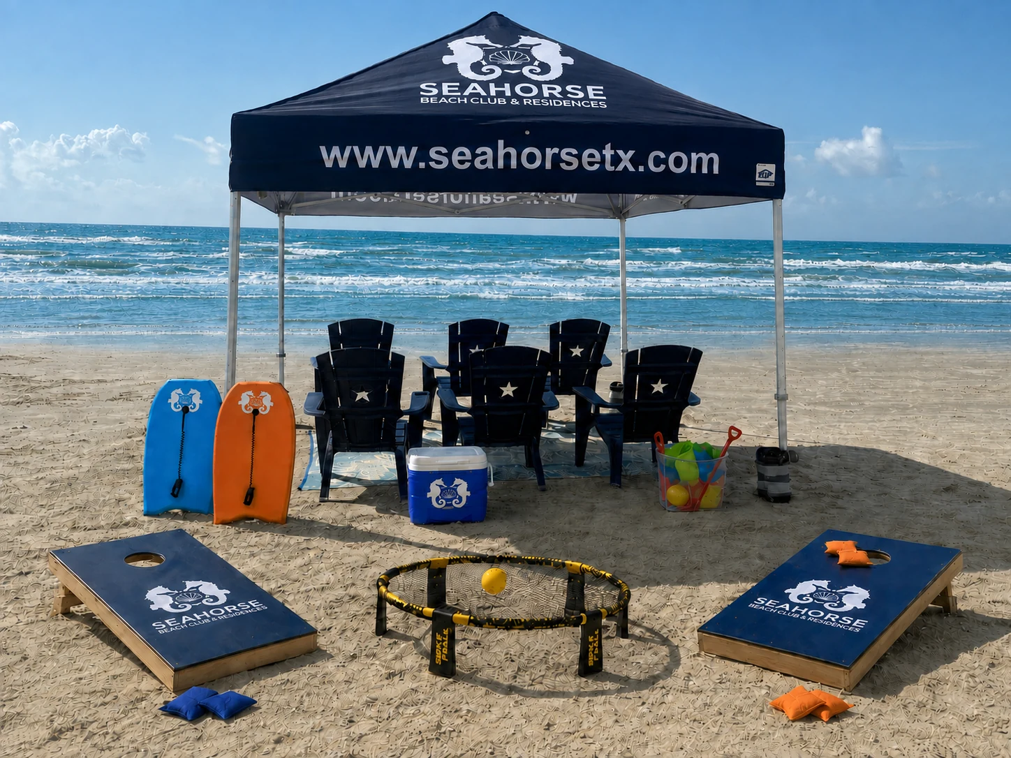 Prepared Seahorse Signature Family Beach Experience cabana with seating and family beach equipment