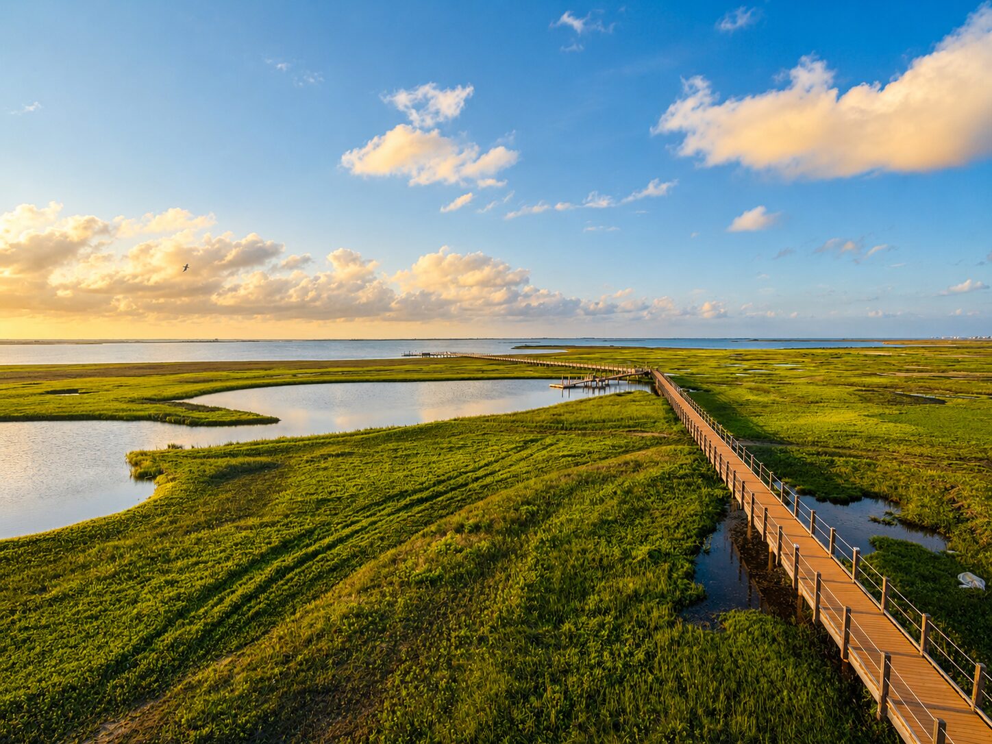 Elevated Seahorse Bay Boardwalk extending through the preserve toward Drum Bay