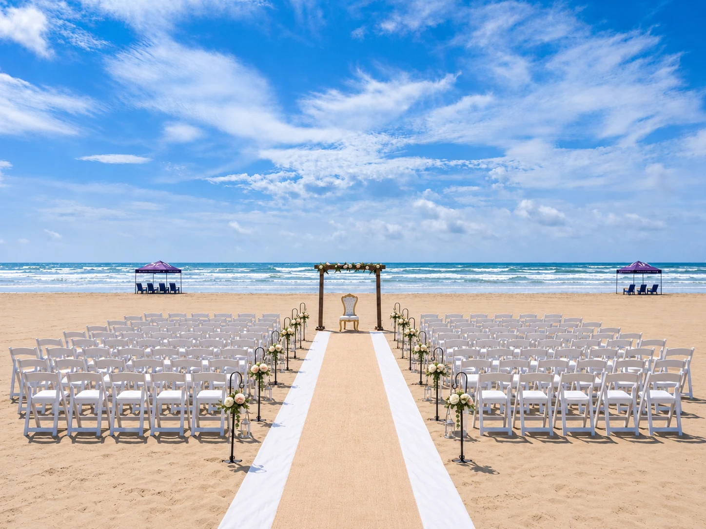 Edited visualization of a beachfront quinceañera ceremony with expanded seating, floral aisle décor and a centered princess chair