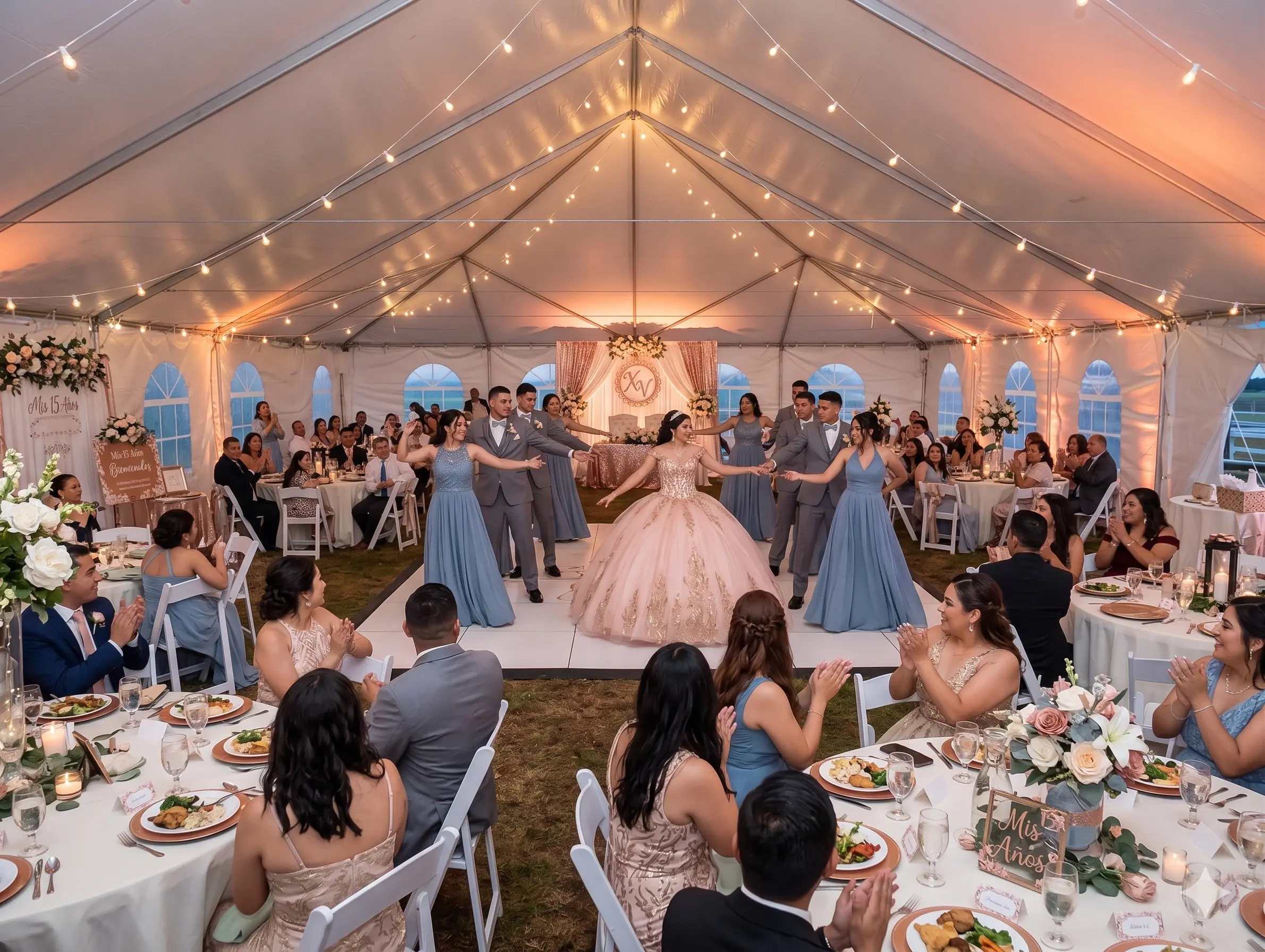 Quinceañera and her court dancing inside the reception tent