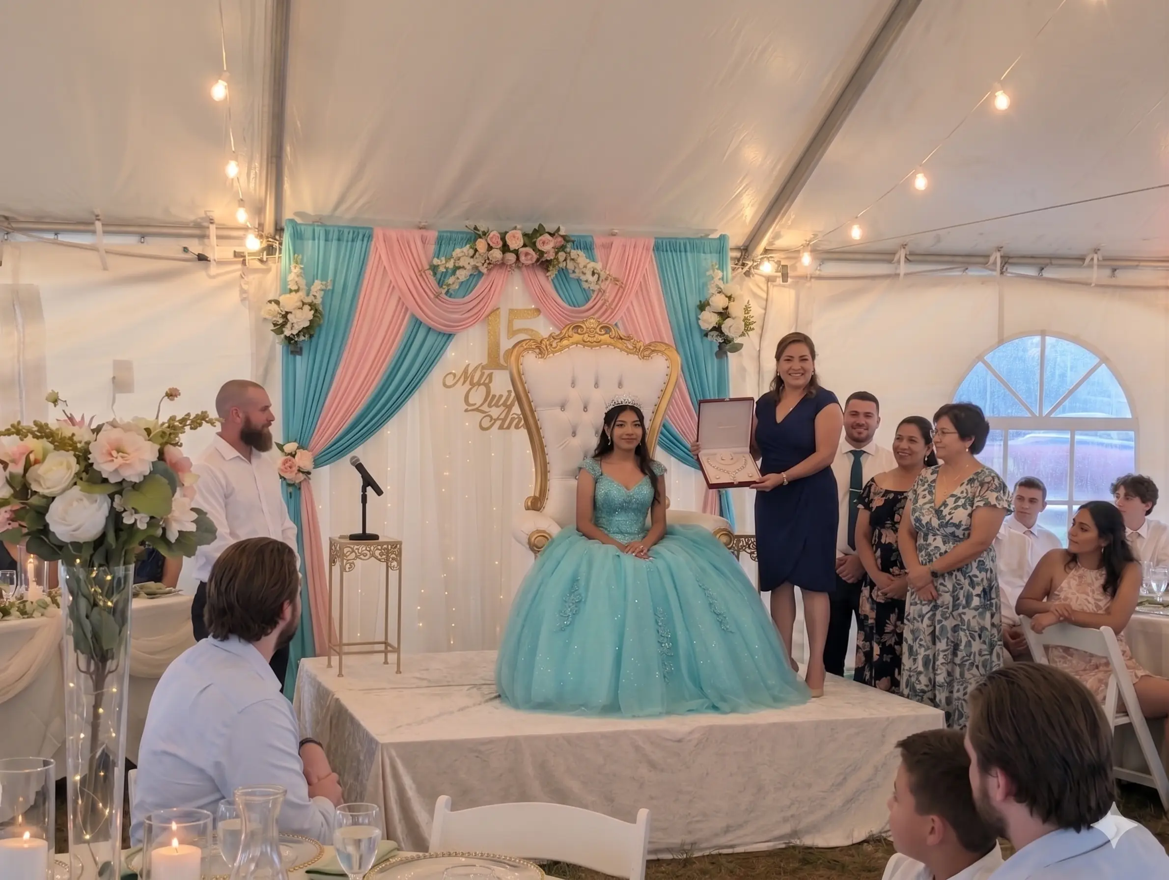 Quinceañera celebrating with family beneath the decorated reception tent