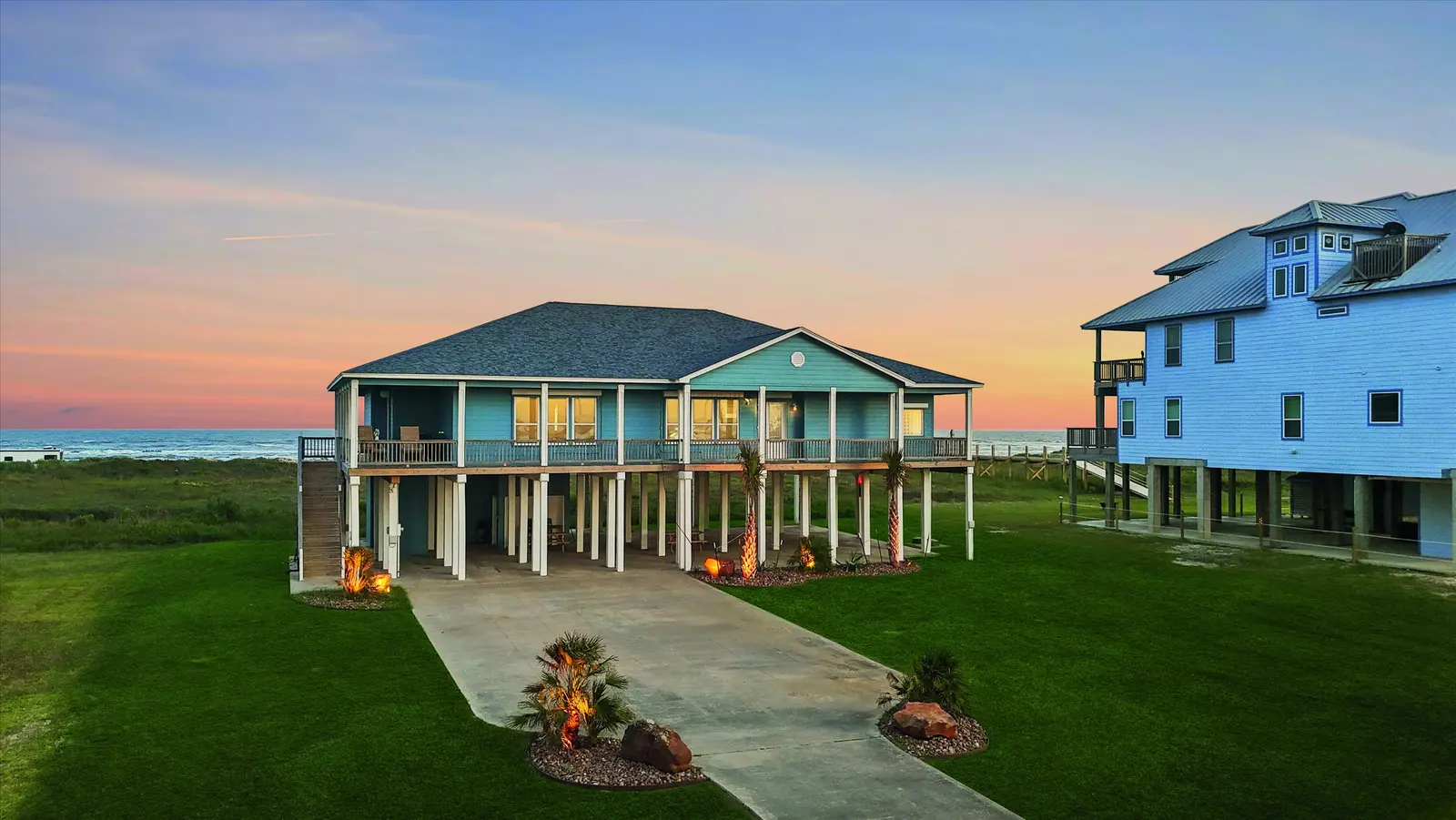 Shoreline Sanctuary: Shoreline Sanctuary at sunset on its extra-wide beachfront setting.